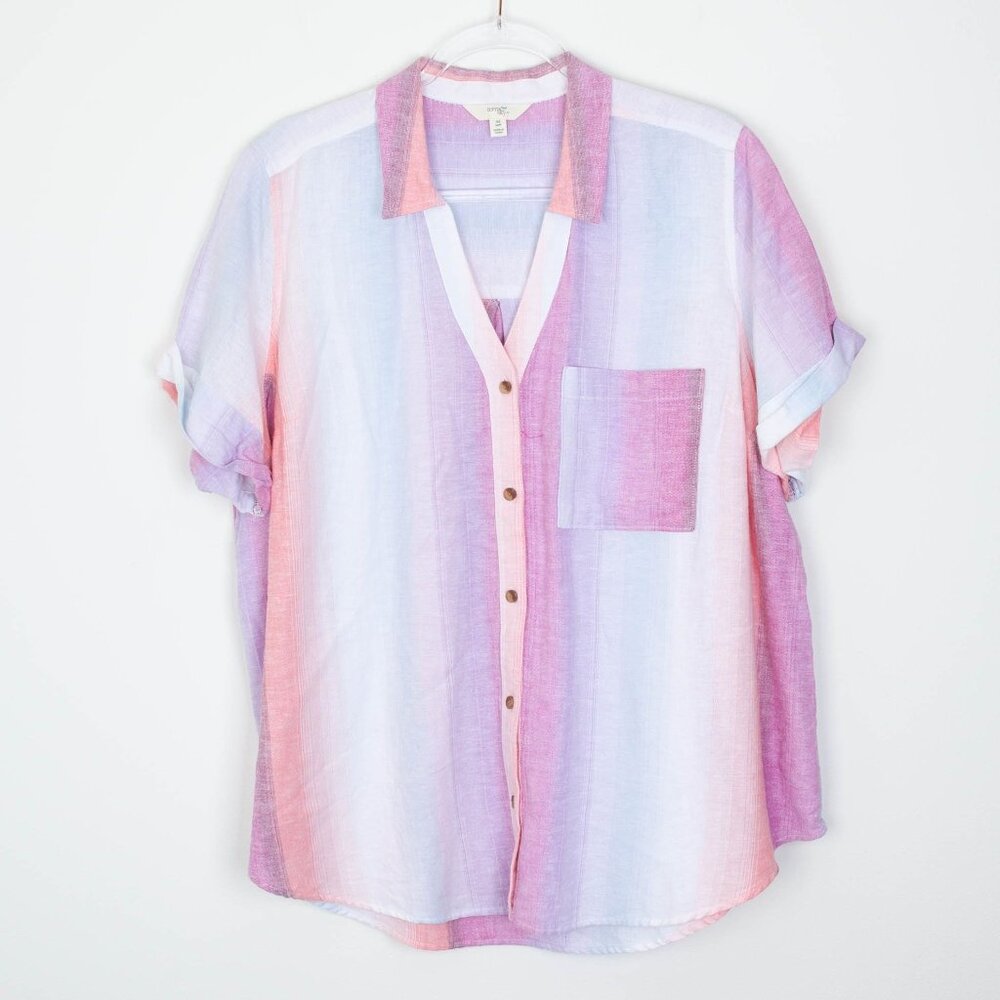 Terra & Sky Womens‎ Button Down Linen Camp Shirt Size 0X Short Sleeve Ombre Work